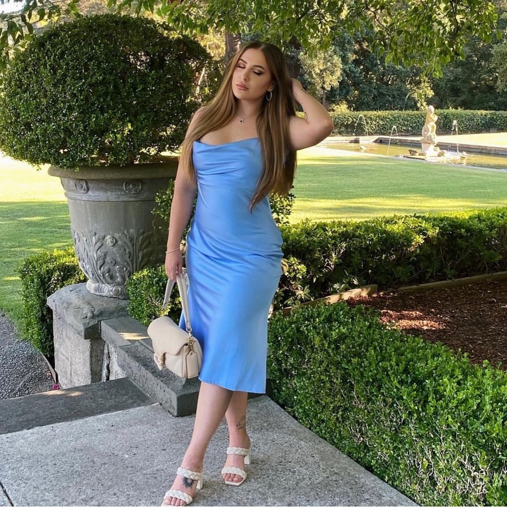 MESHKI Tabitha satin cowl neck midi dress size L light blue